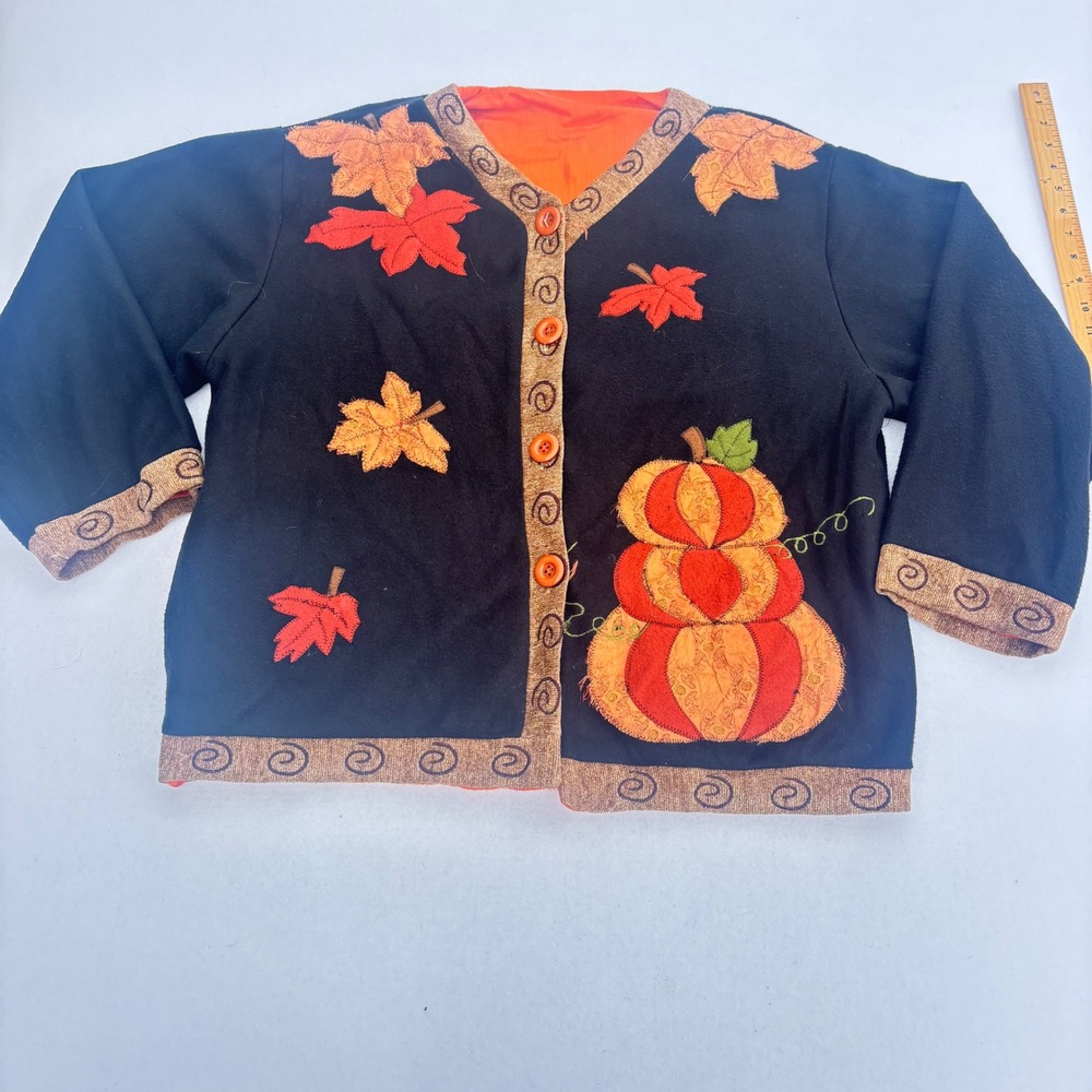 Fall Pumpkin Patch Fleece Cardigan Jacket Black Orange Leaves One Size Fits Most